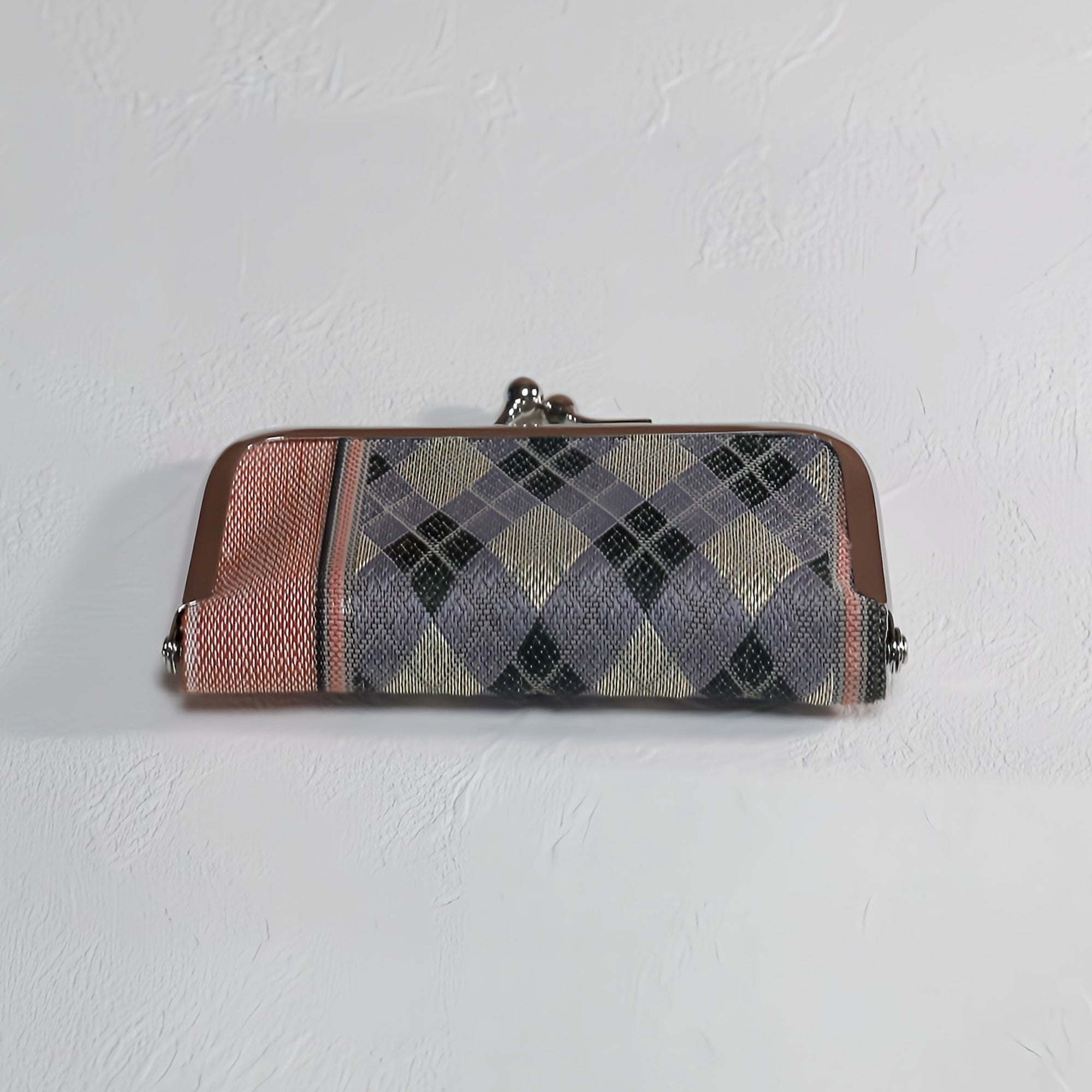 がま口 畳へりをアレンジして制作 パープル チェック柄 レッド