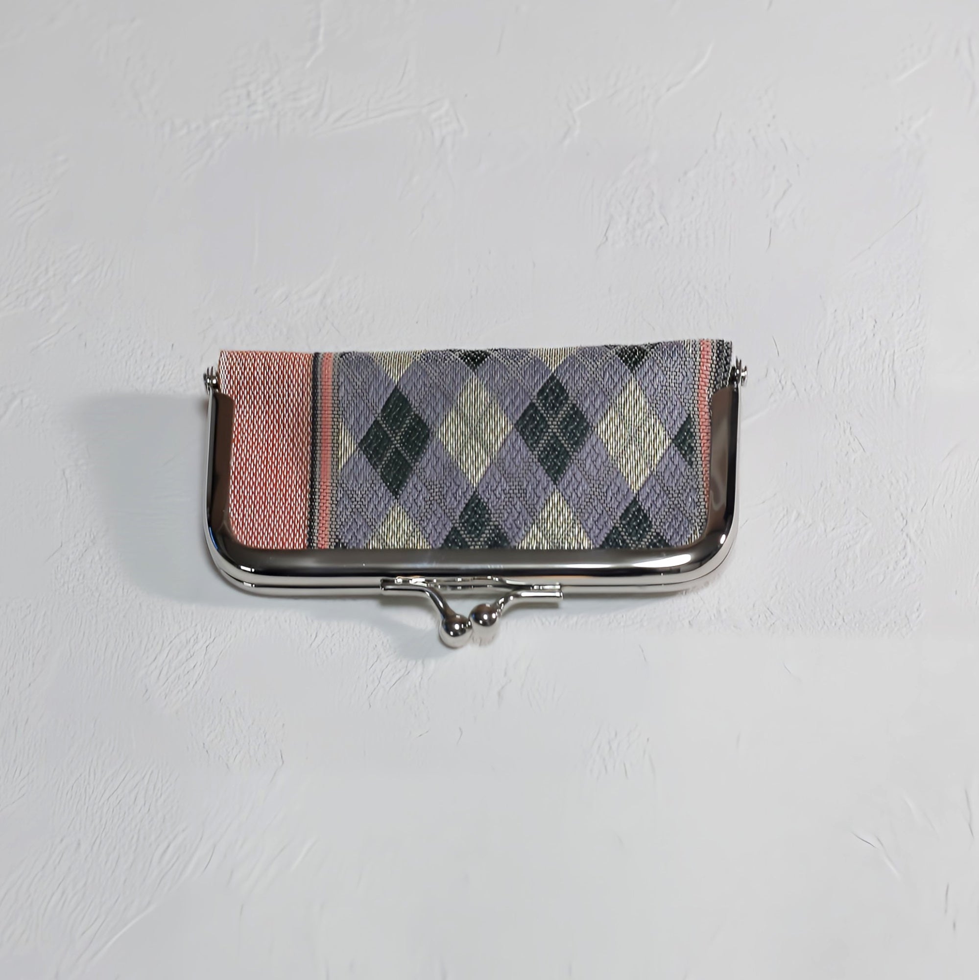 がま口 畳へりをアレンジして制作 パープル チェック柄 レッド