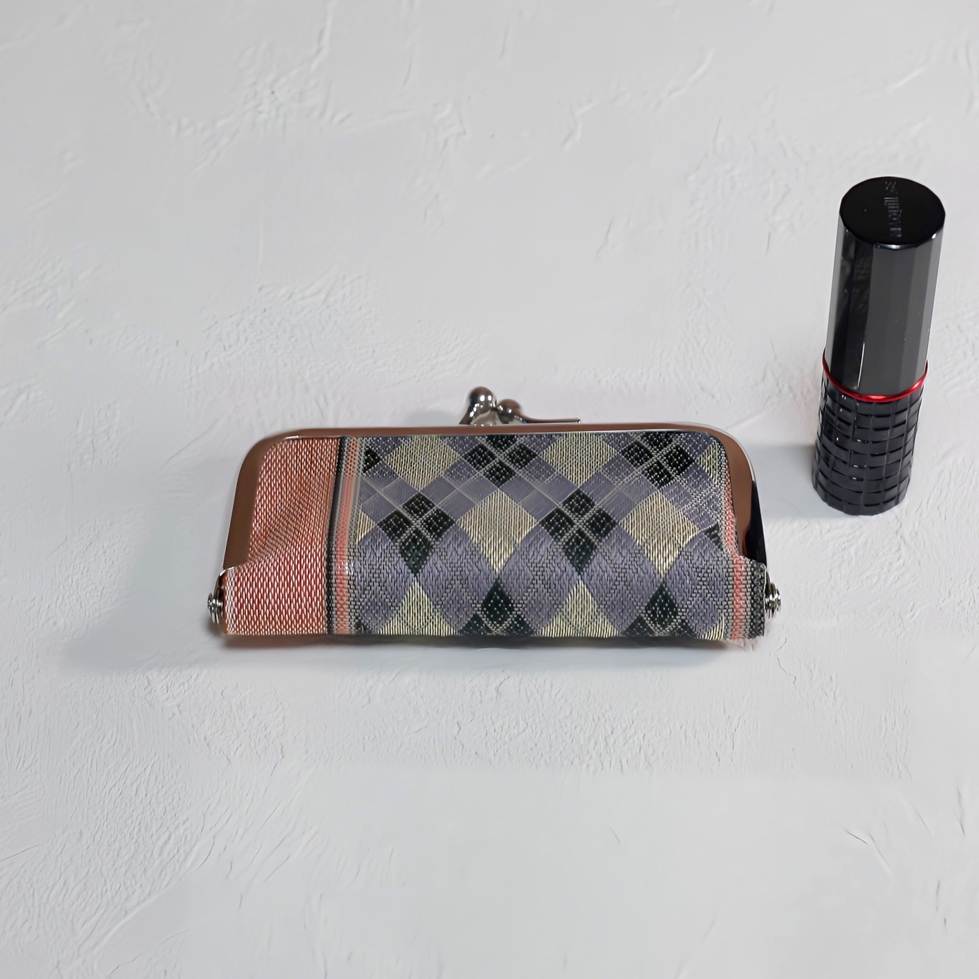 がま口 畳へりをアレンジして制作 パープル チェック柄 レッド