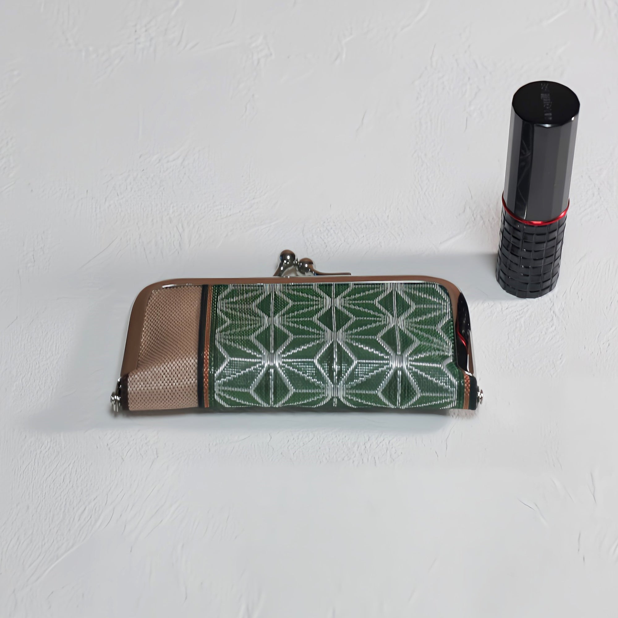 がま口 畳へりをアレンジして制作 グリーン あさぎり柄 ピンク