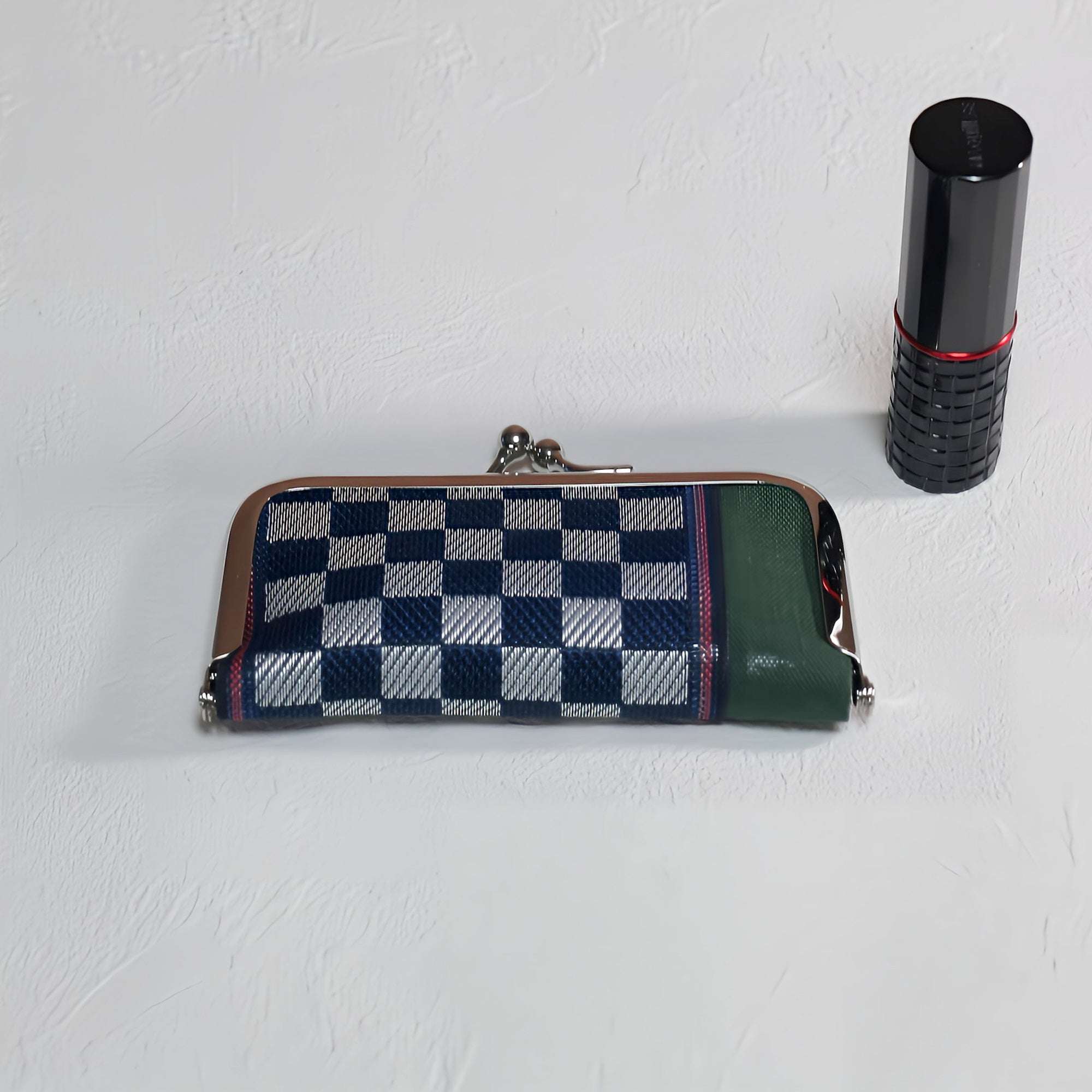 がま口 畳へりをアレンジして制作 ブルー チェック柄 グリーン