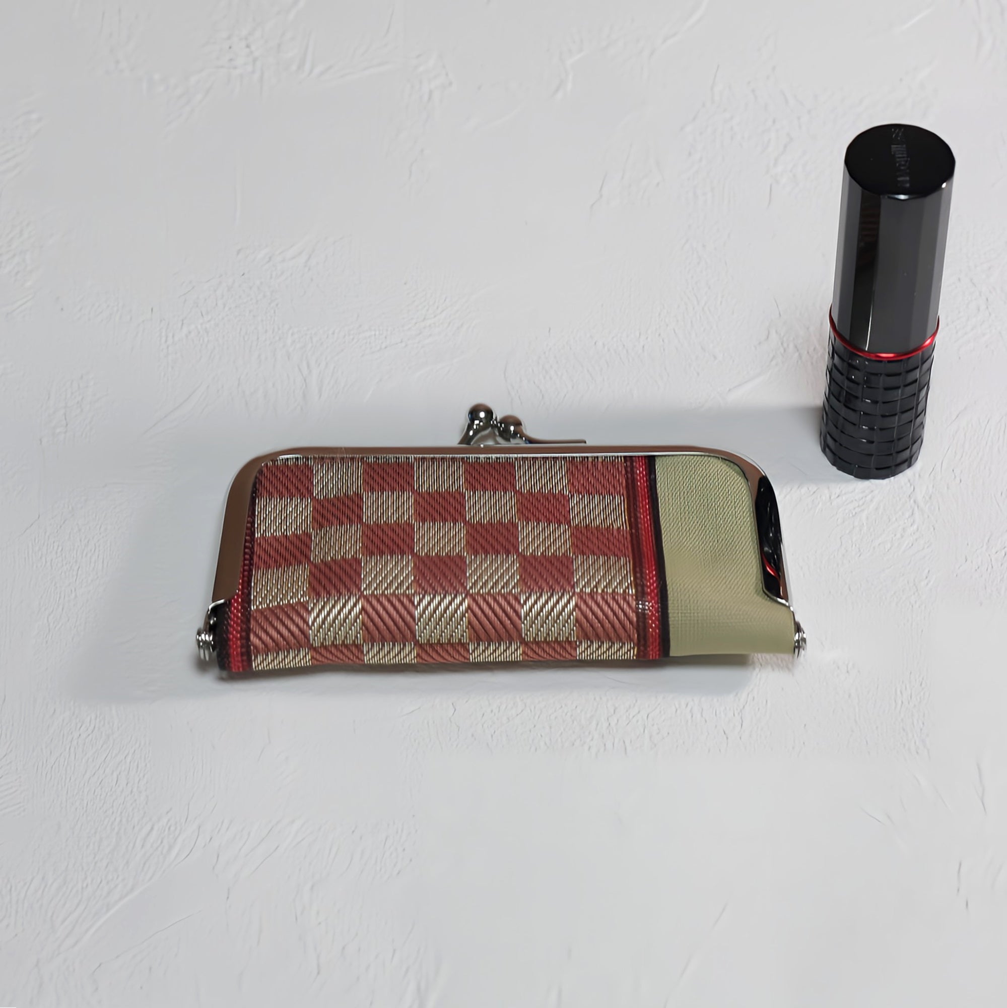 がま口 畳へりをアレンジして制作 ピンク チェック柄