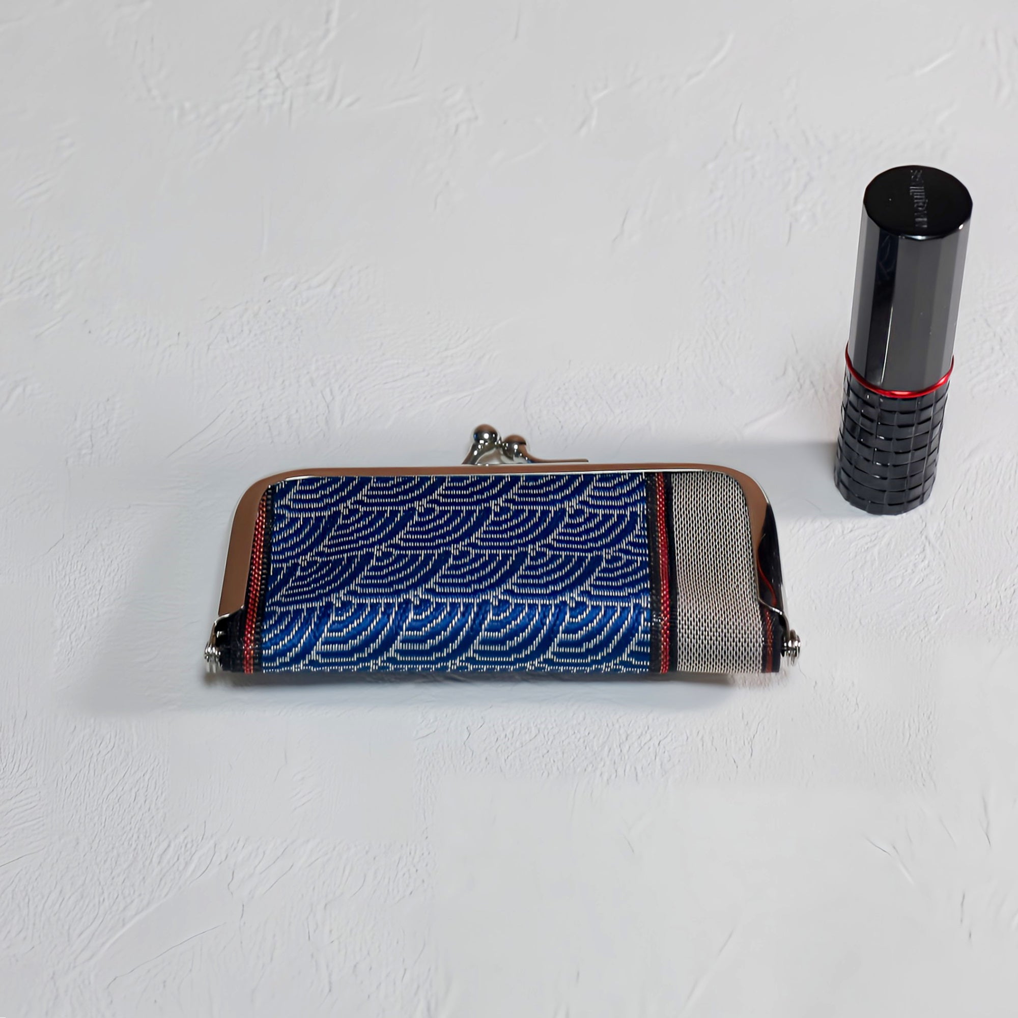 がま口 畳へりをアレンジして制作 ブルー 和柄 グレー