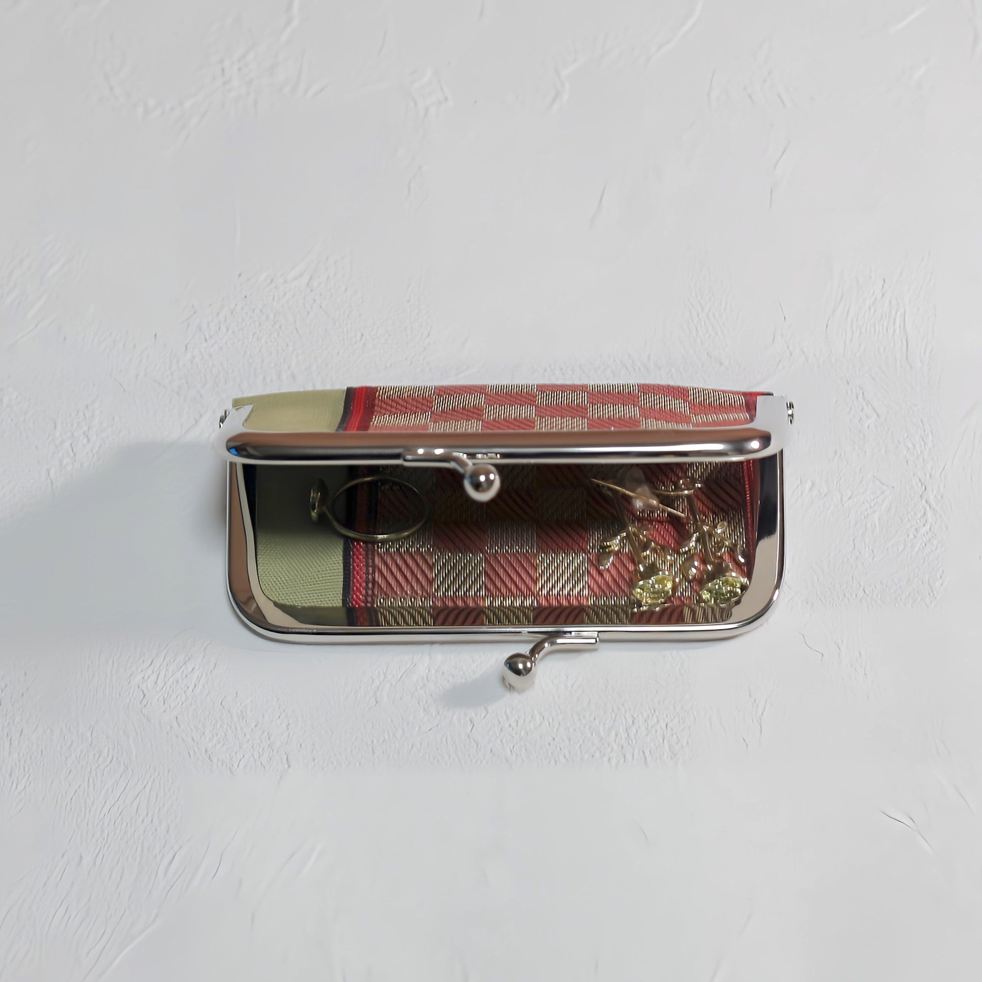 がま口 畳へりをアレンジして制作 ピンク チェック柄