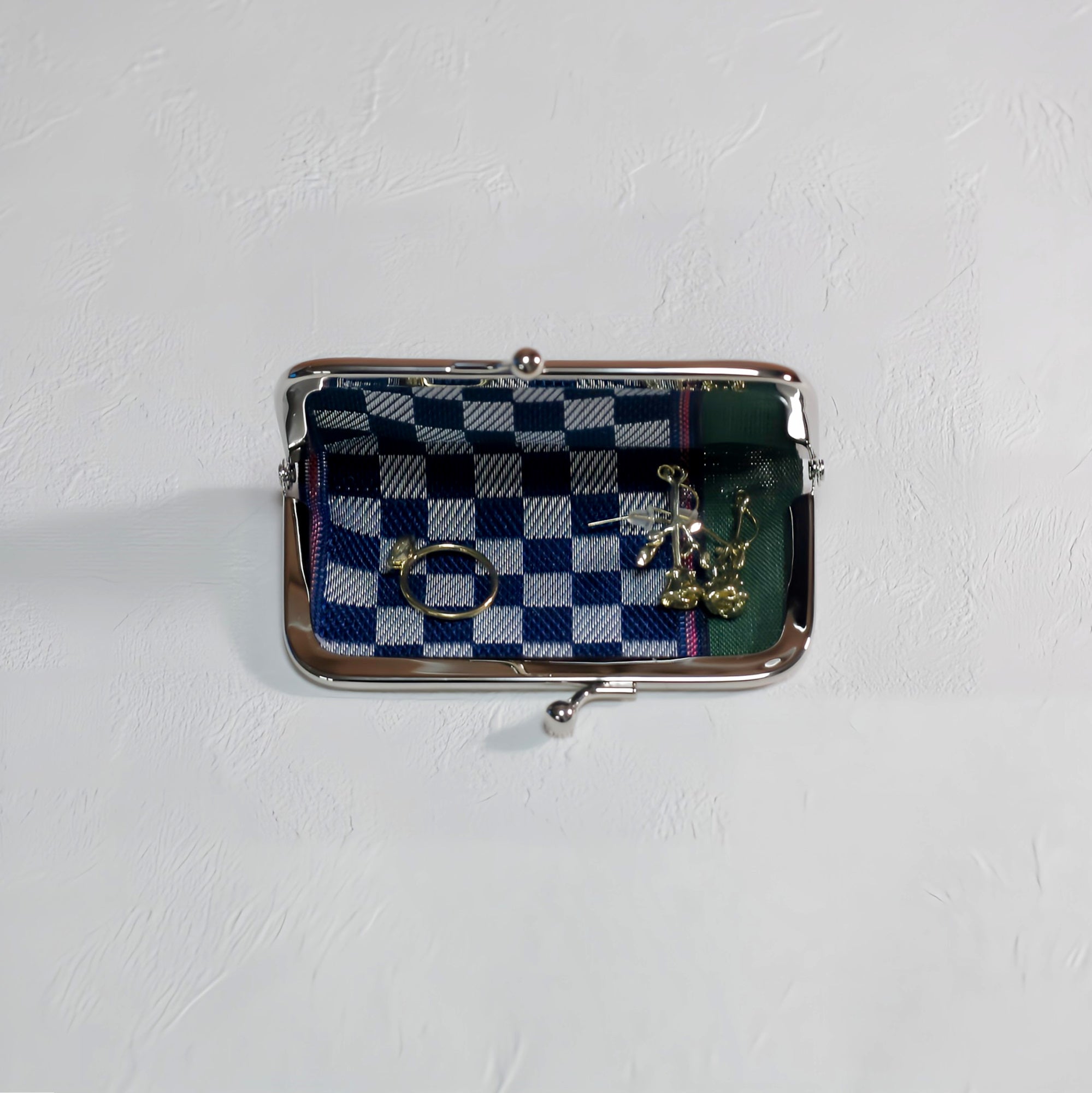 がま口 畳へりをアレンジして制作 ブルー チェック柄 グリーン